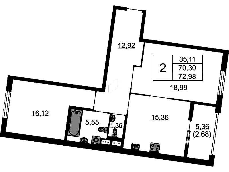 2-комнатная квартира 72.98 м², 3/9 эт., ЖК «Бакунина 33»